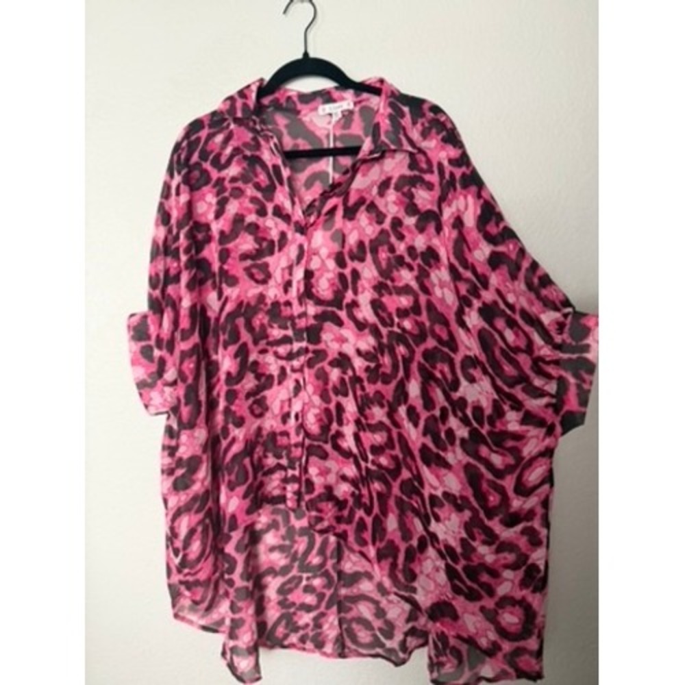 L Love Women's M/L Pink Leopard Print Sheer Button Up Blouse Tunic Top